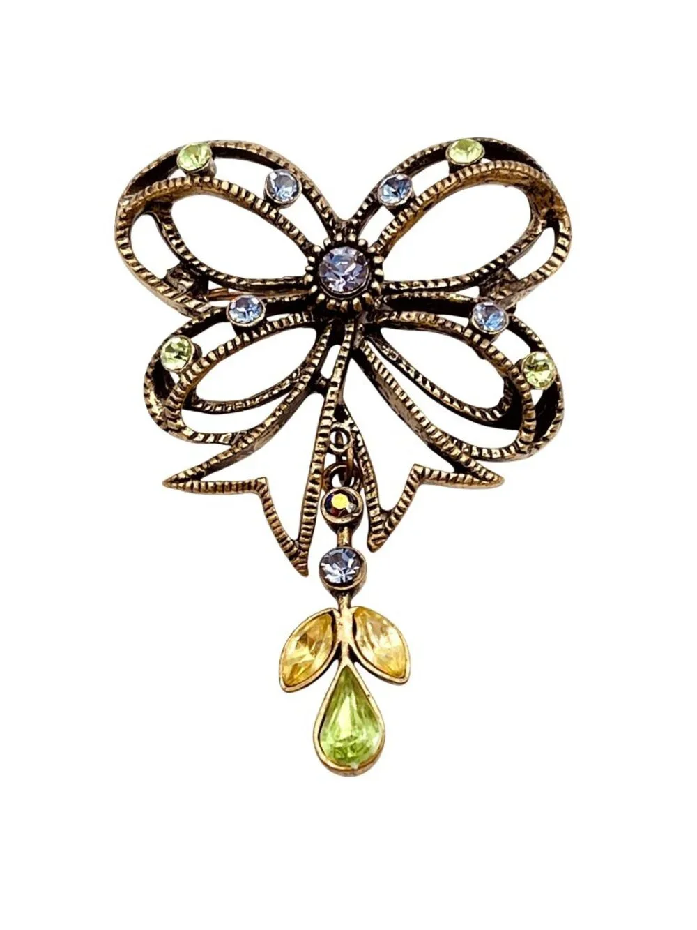 Vintage BOHO Bow Brooch Spring Green Purple Crystal Angel Fairy Whimsygoth 1960s